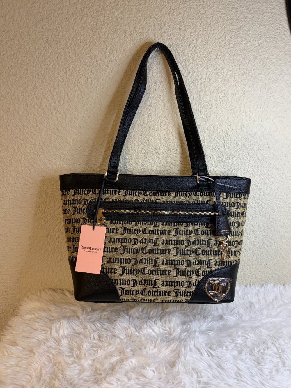 Juicy Couture Call It A Classic Tote Bag Black Beige Logo Shoulder Purse NWT